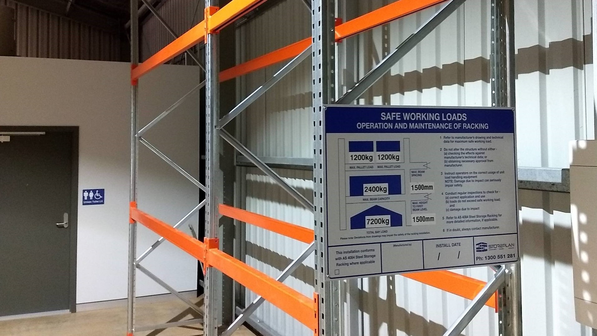 Safe working load sign on pallet racking